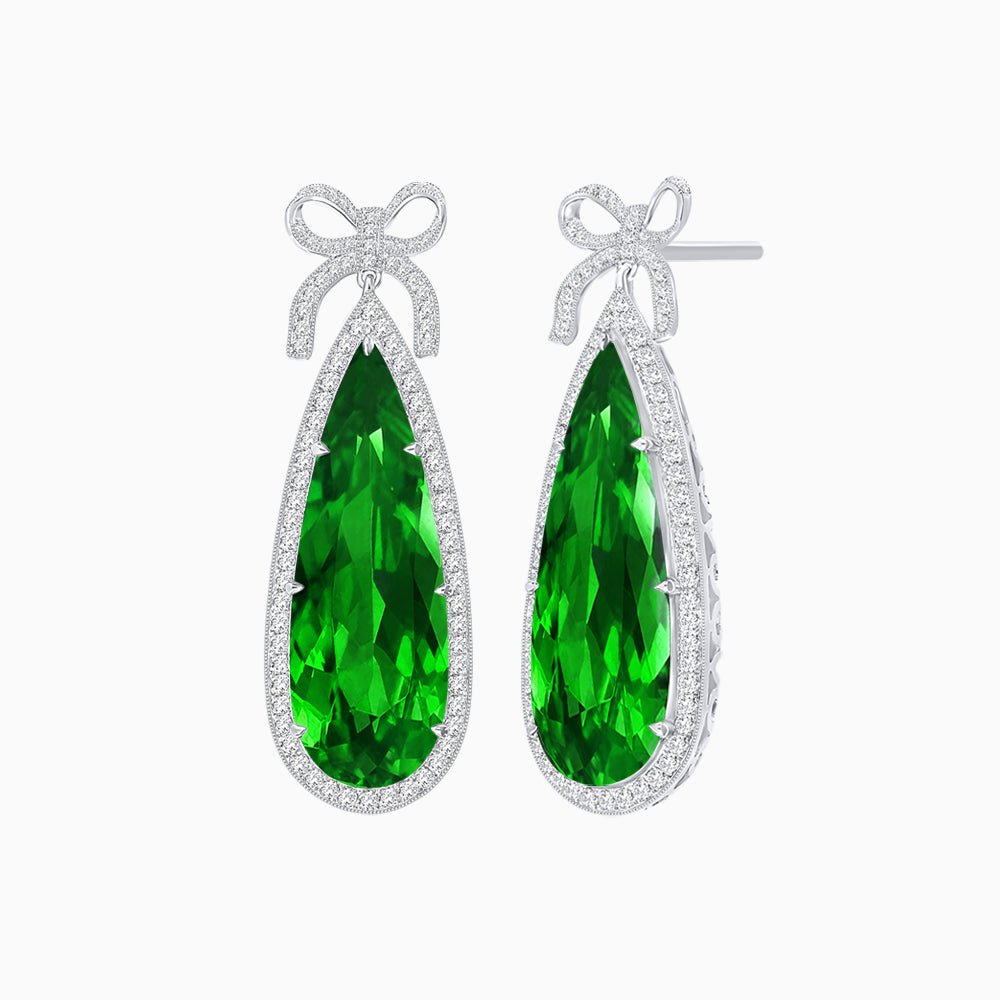 Pear Shape Drop Earrings with Diamond Halo and Bow Motif - Shahin Jewelry