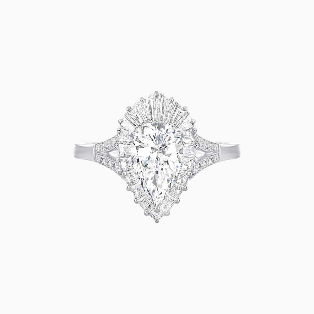 Pear - Shaped Halo Engagement Ring Mounting with Baguette & Round Diamonds - Shahin Jewelry