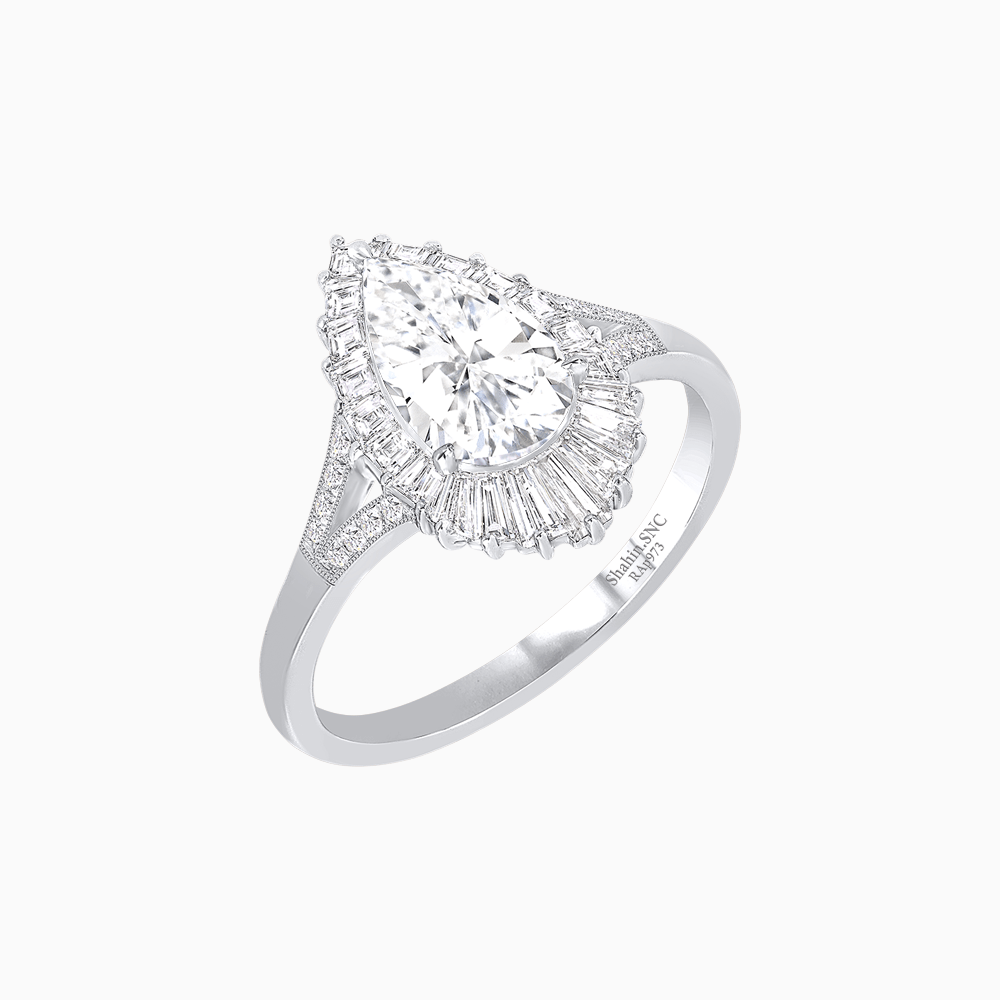 Pear - Shaped Halo Engagement Ring Mounting with Baguette & Round Diamonds - Shahin Jewelry