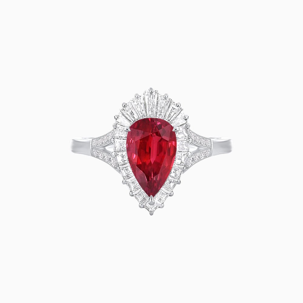 Pear - Shaped Halo Engagement Ring Mounting with Baguette & Round Diamonds - Shahin Jewelry