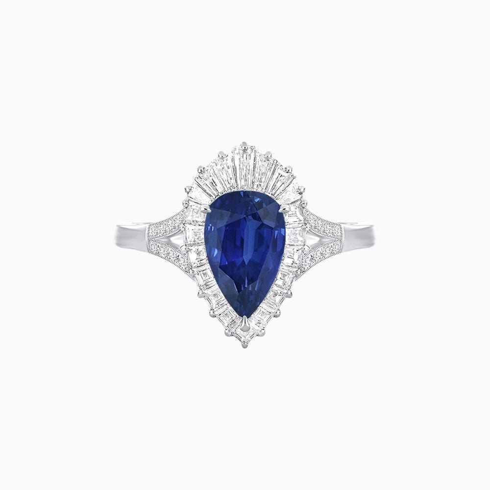 Pear - Shaped Halo Engagement Ring Mounting with Baguette & Round Diamonds - Shahin Jewelry