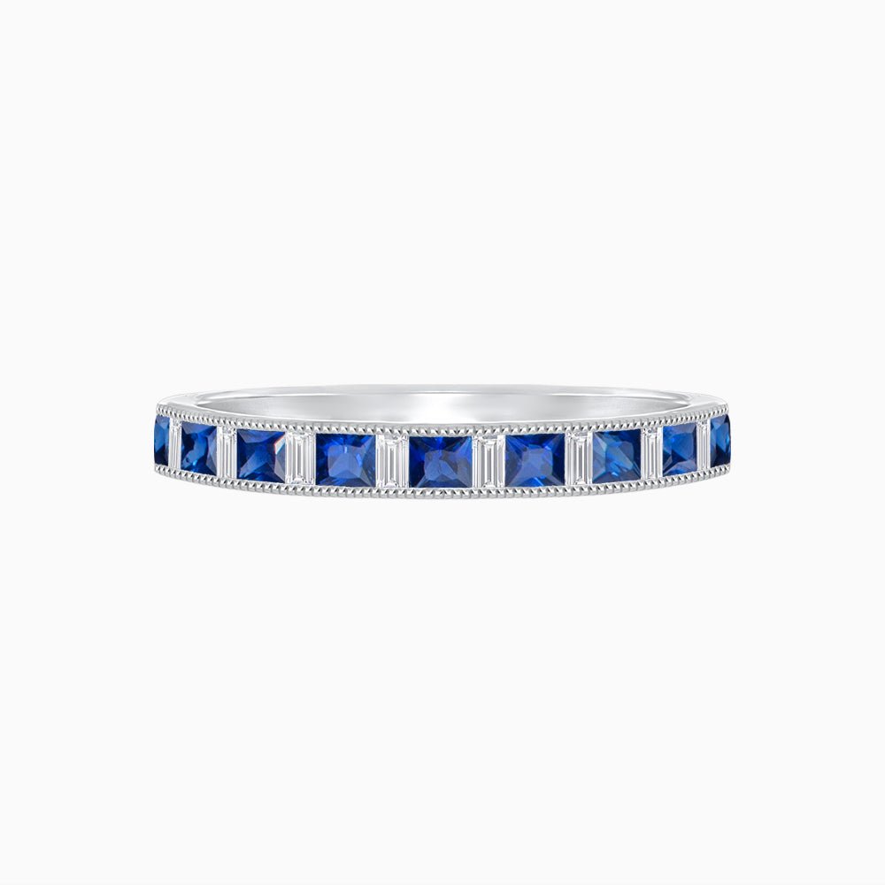 Princess Cut Channel Set Sapphire and Baguette Diamond Ring Band - Shahin Jewelry