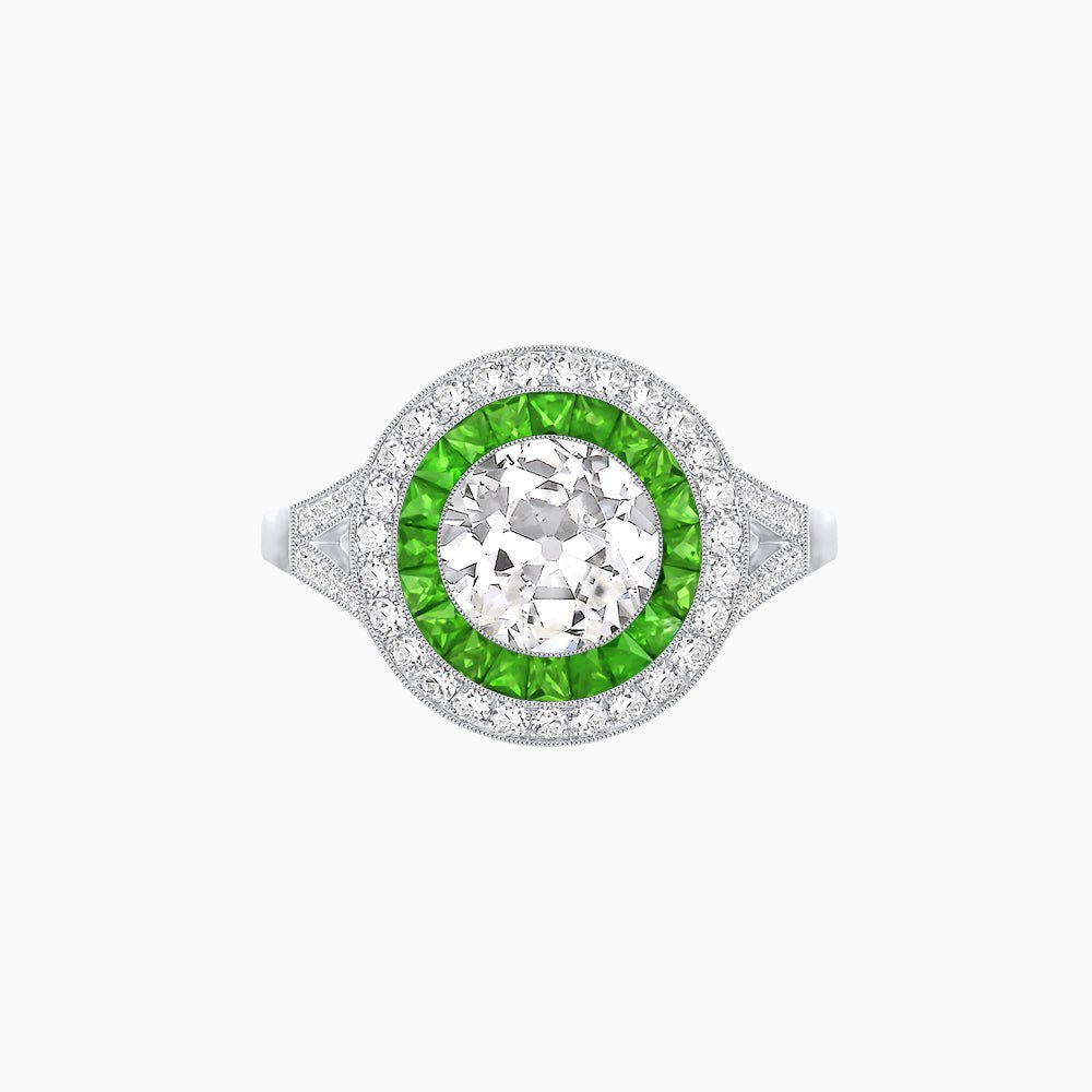 Round Cut Center Stone Double Halo Ring Mounting with French Cut Gemstone Accents - Shahin Jewelry