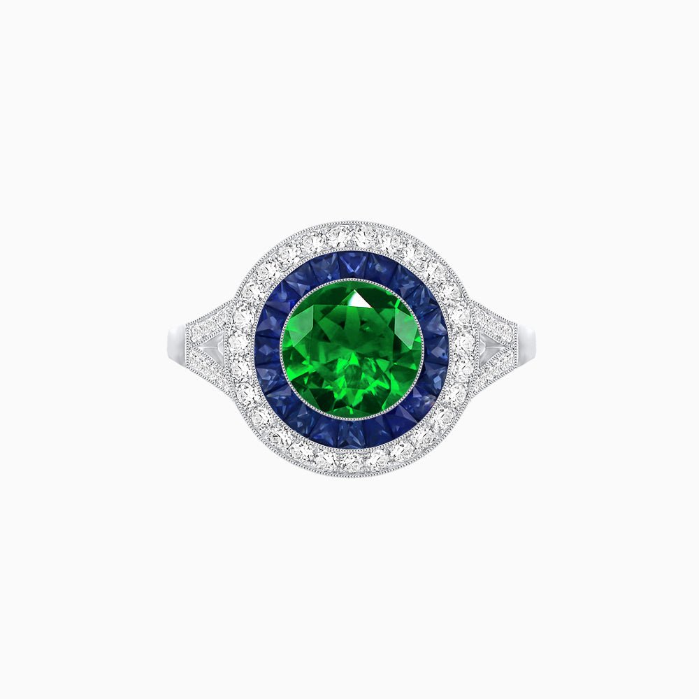 Round Cut Center Stone Double Halo Ring Mounting with French Cut Gemstone Accents - Shahin Jewelry