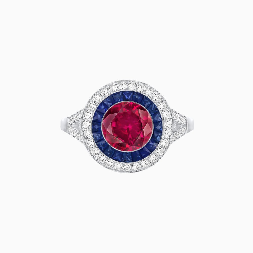 Round Cut Center Stone Double Halo Ring Mounting with French Cut Gemstone Accents - Shahin Jewelry