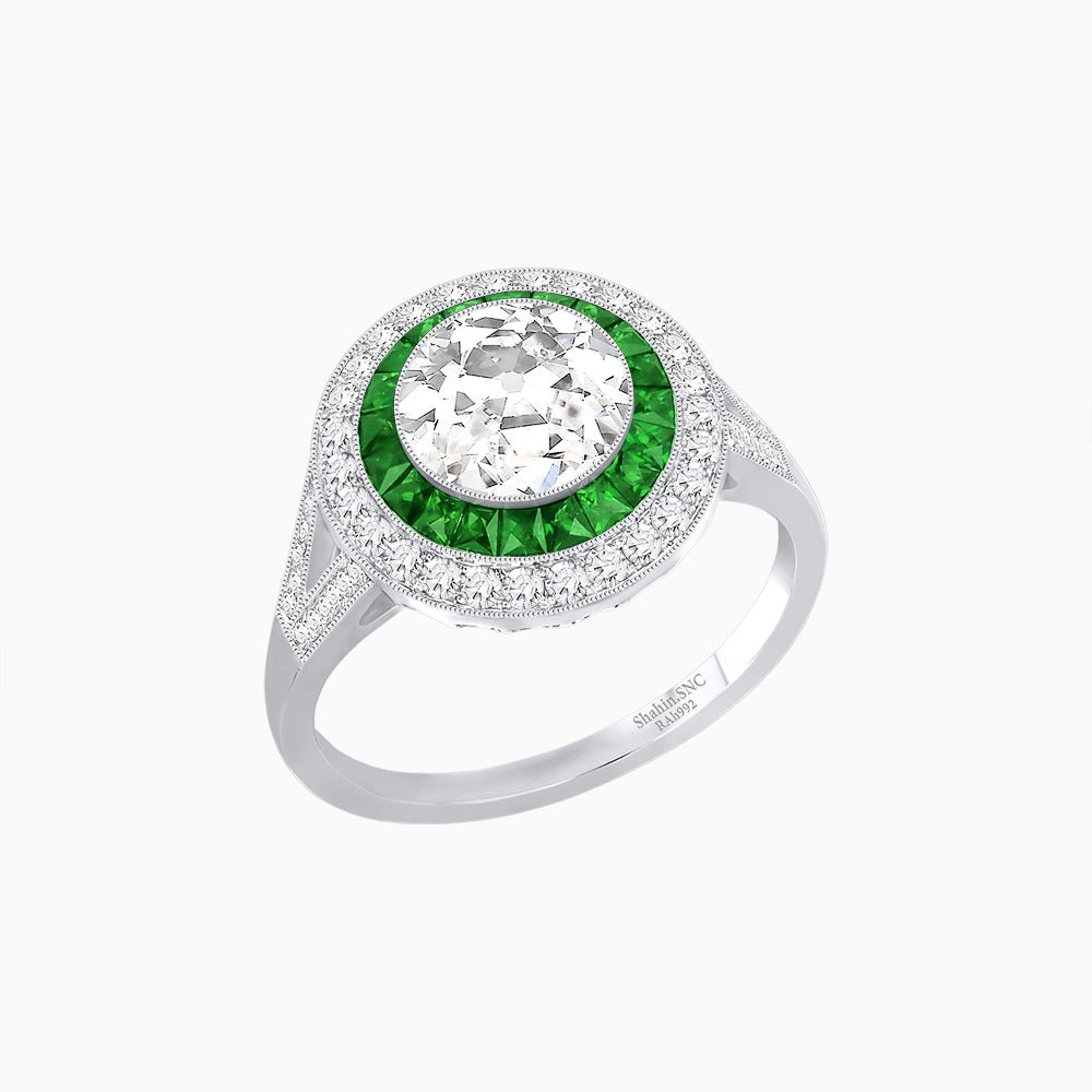 Round Cut Center Stone Double Halo Ring Mounting with French Cut Gemstone Accents - Shahin Jewelry