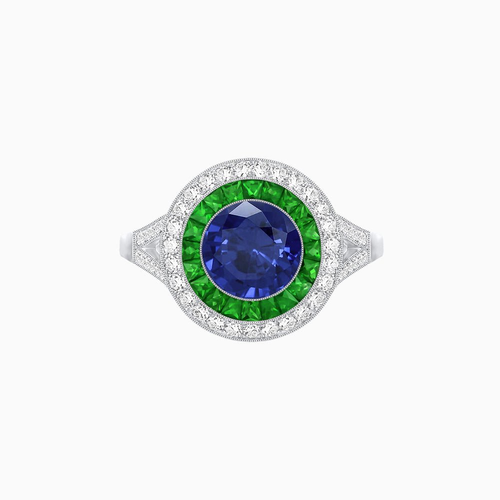 Round Cut Center Stone Double Halo Ring Mounting with French Cut Gemstone Accents - Shahin Jewelry