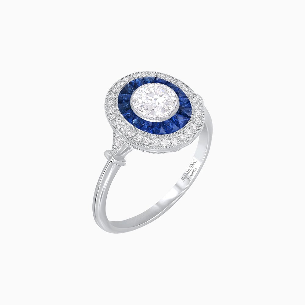 Round Cut Center Stone Double Halo Ring Mounting with French Cut Gemstone Accents - Shahin Jewelry