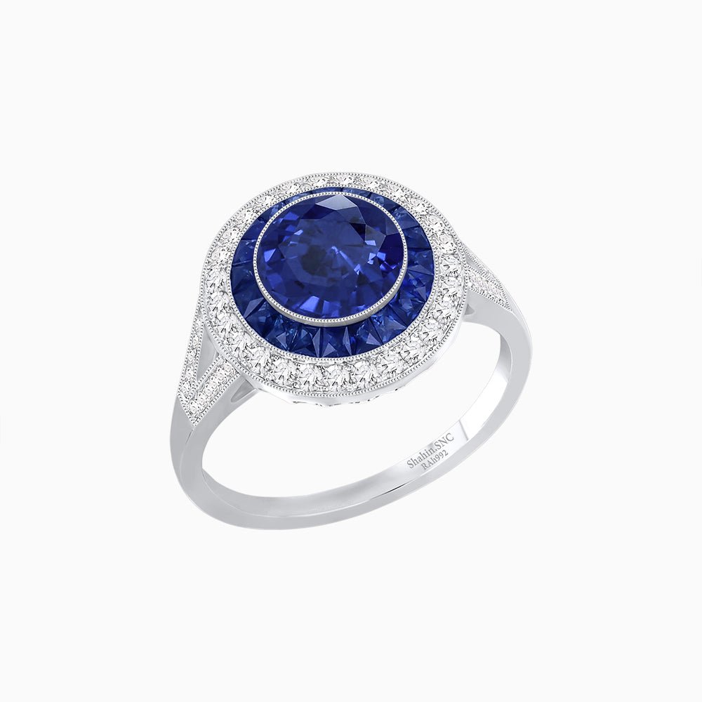 Round Cut Center Stone Double Halo Ring Mounting with French Cut Gemstone Accents - Shahin Jewelry