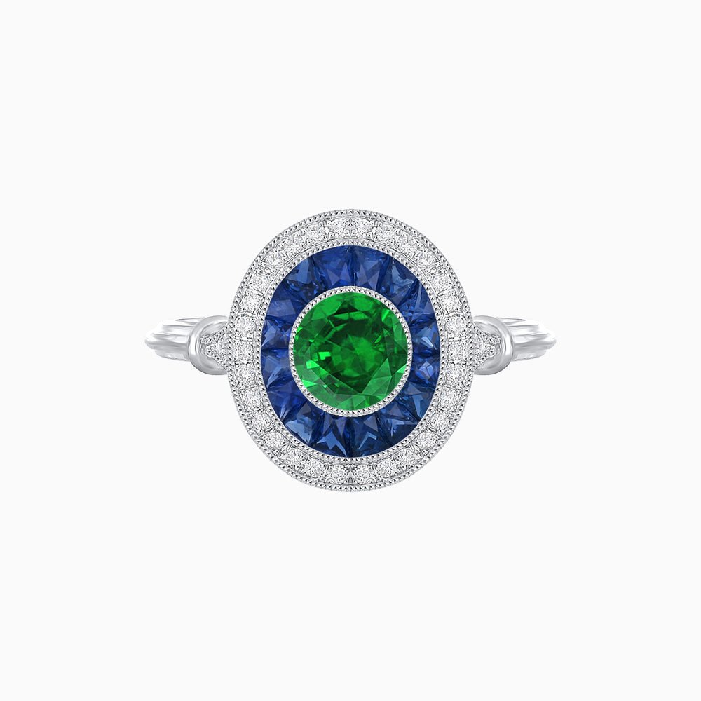 Round Cut Center Stone Double Halo Ring Mounting with French Cut Gemstone Accents - Shahin Jewelry