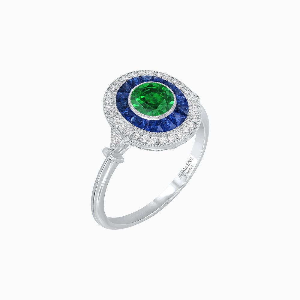 Round Cut Center Stone Double Halo Ring Mounting with French Cut Gemstone Accents - Shahin Jewelry