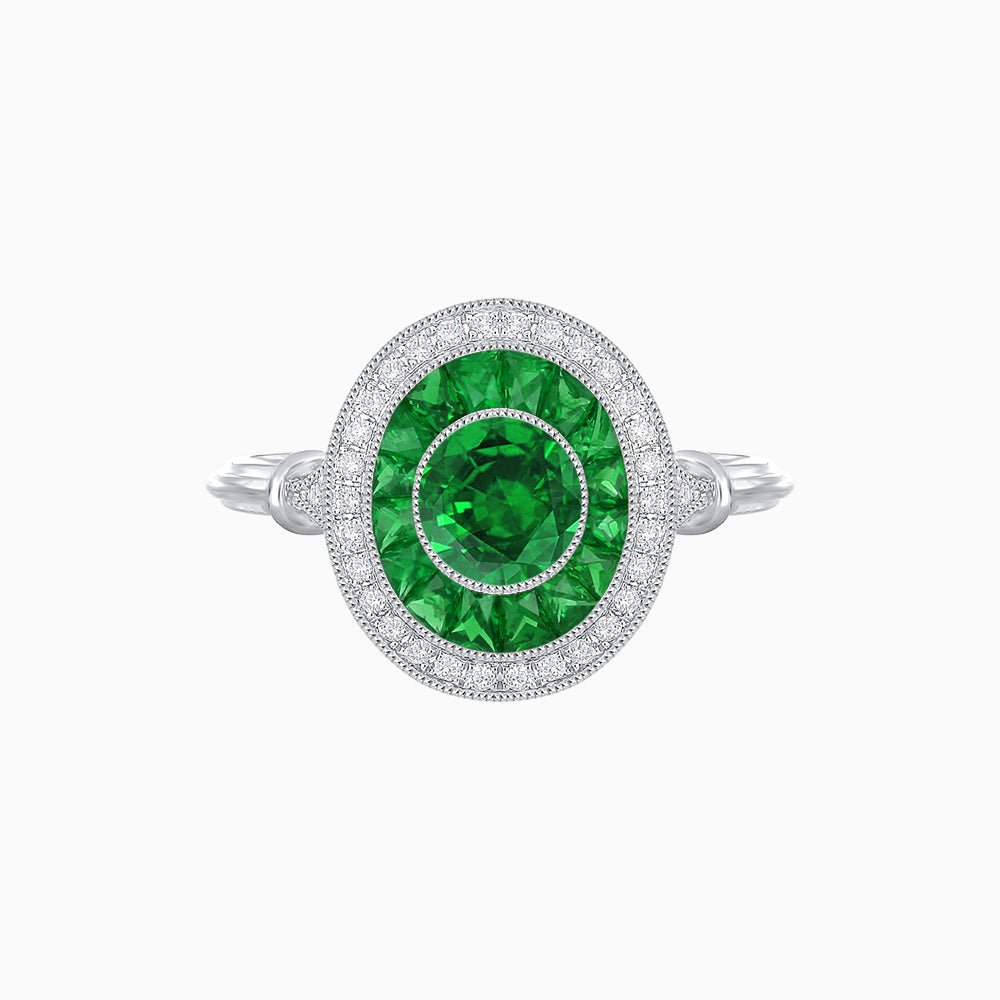 Round Cut Center Stone Double Halo Ring Mounting with French Cut Gemstone Accents - Shahin Jewelry