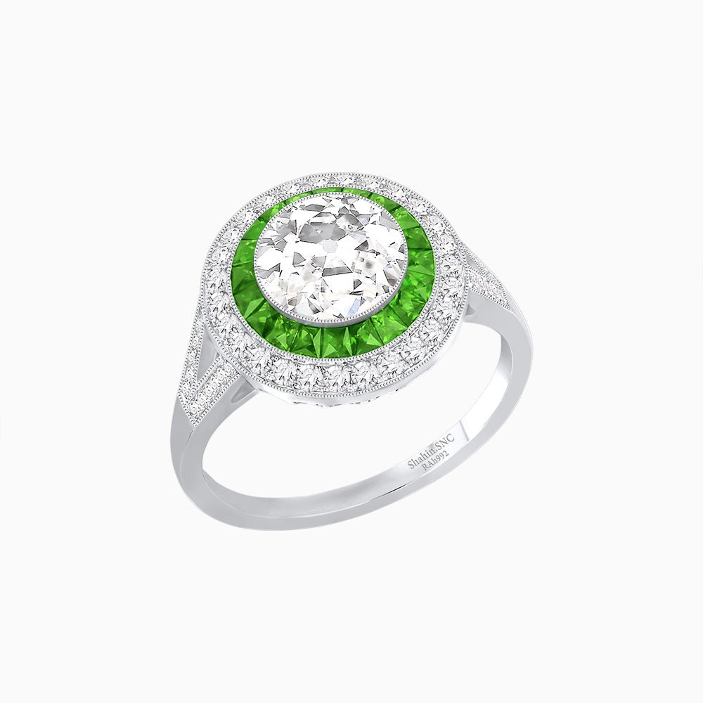 Round Cut Center Stone Double Halo Ring Mounting with French Cut Gemstone Accents - Shahin Jewelry
