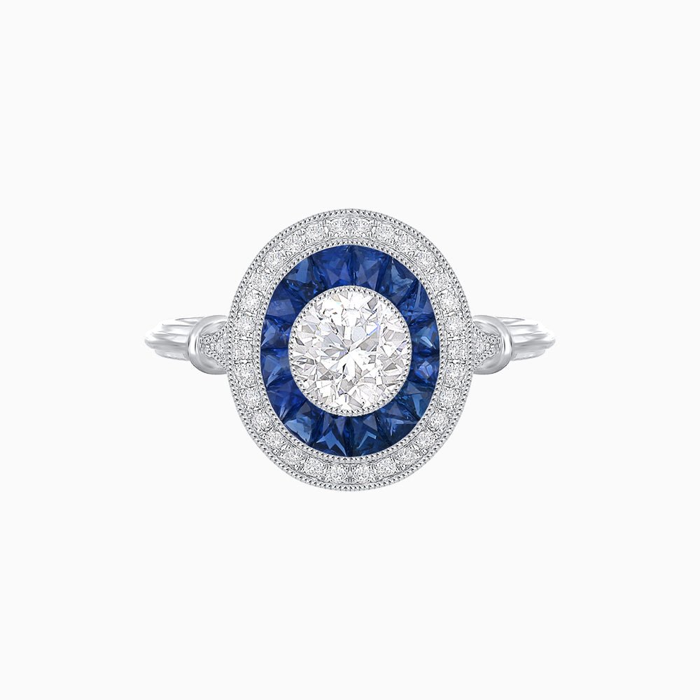 Round Cut Center Stone Double Halo Ring Mounting with French Cut Gemstone Accents - Shahin Jewelry
