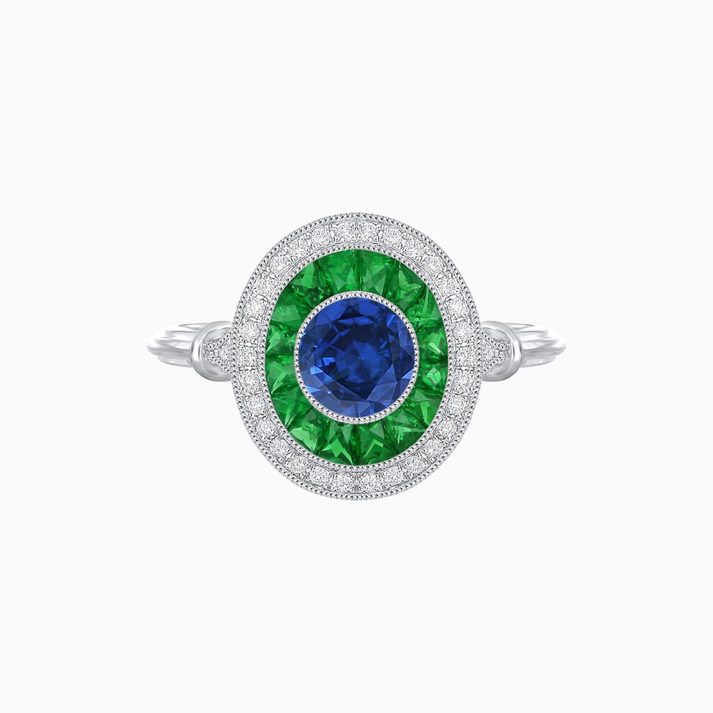 Round Cut Center Stone Double Halo Ring Mounting with French Cut Gemstone Accents - Shahin Jewelry