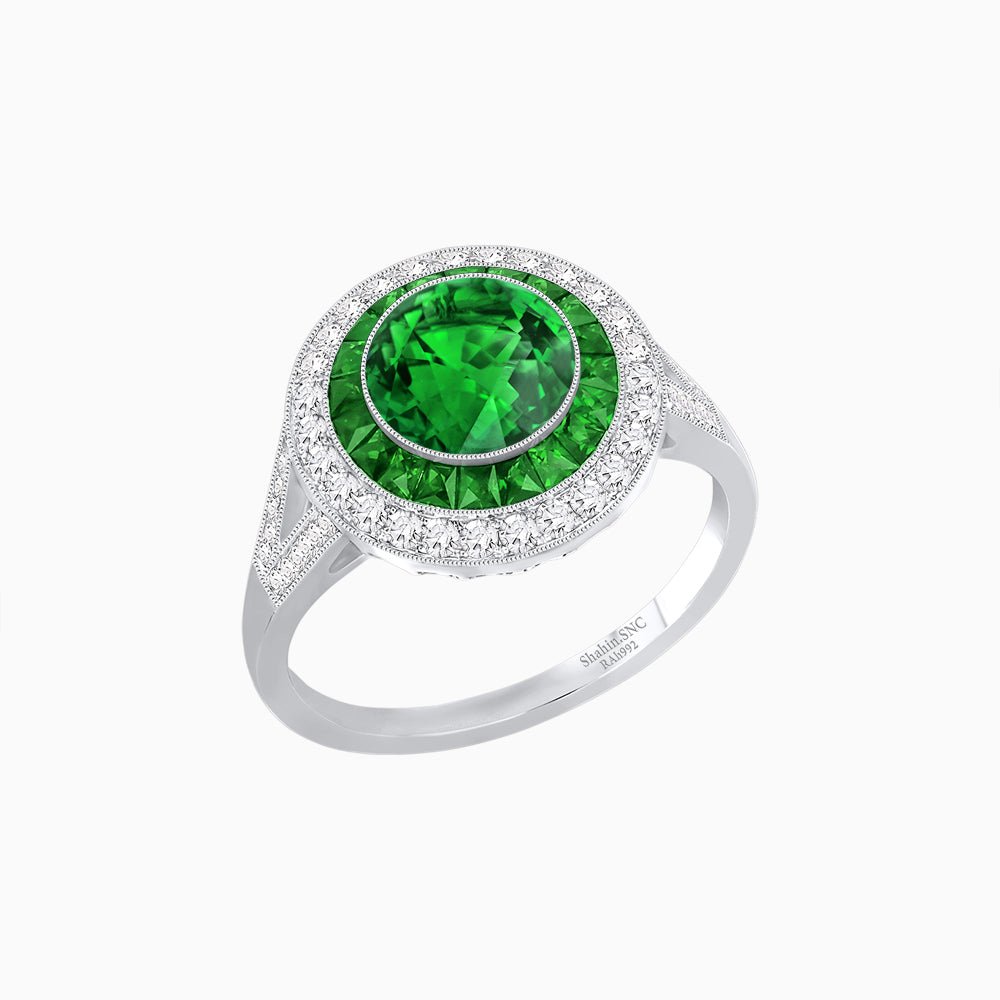 Round Cut Center Stone Double Halo Ring Mounting with French Cut Gemstone Accents - Shahin Jewelry