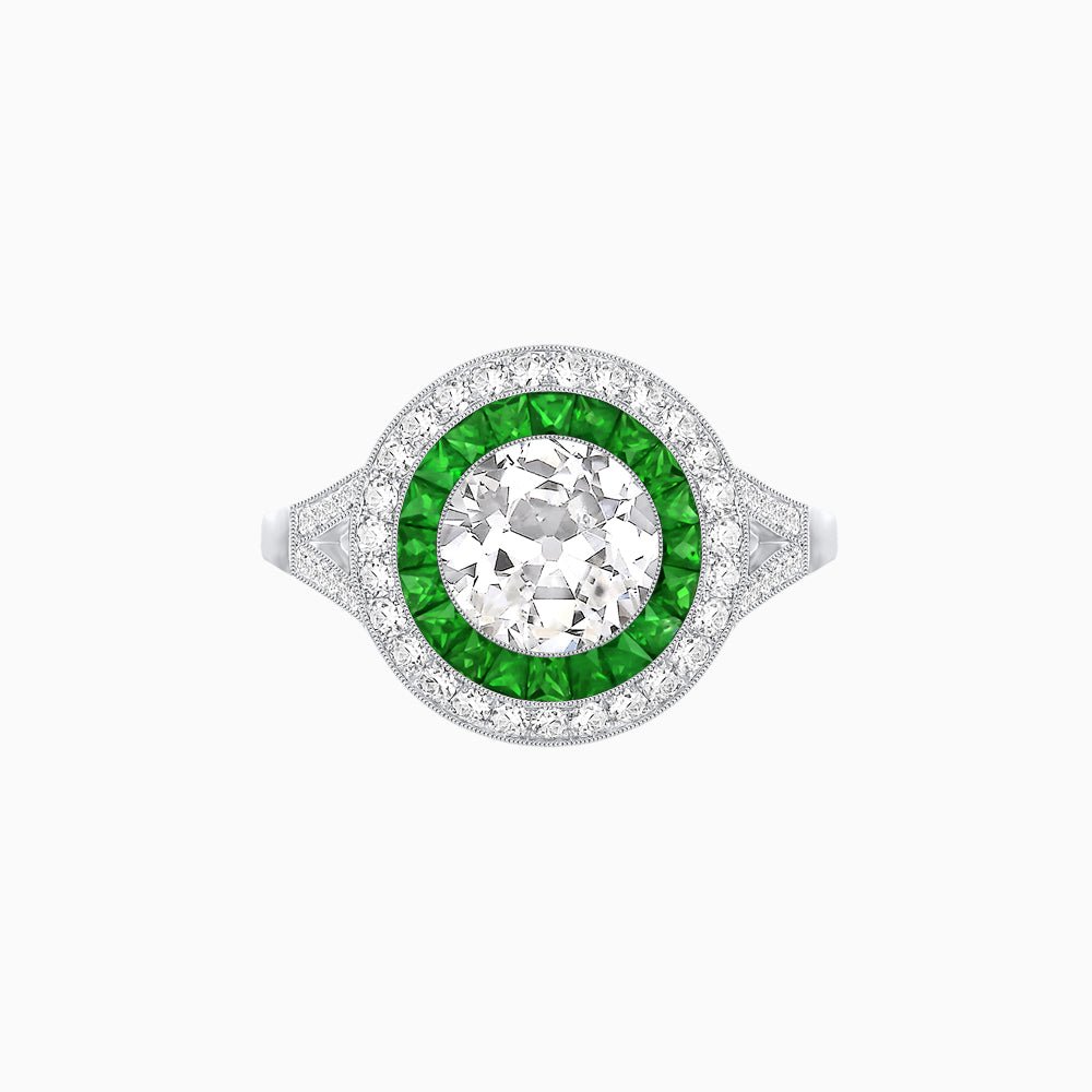 Round Cut Center Stone Double Halo Ring Mounting with French Cut Gemstone Accents - Shahin Jewelry