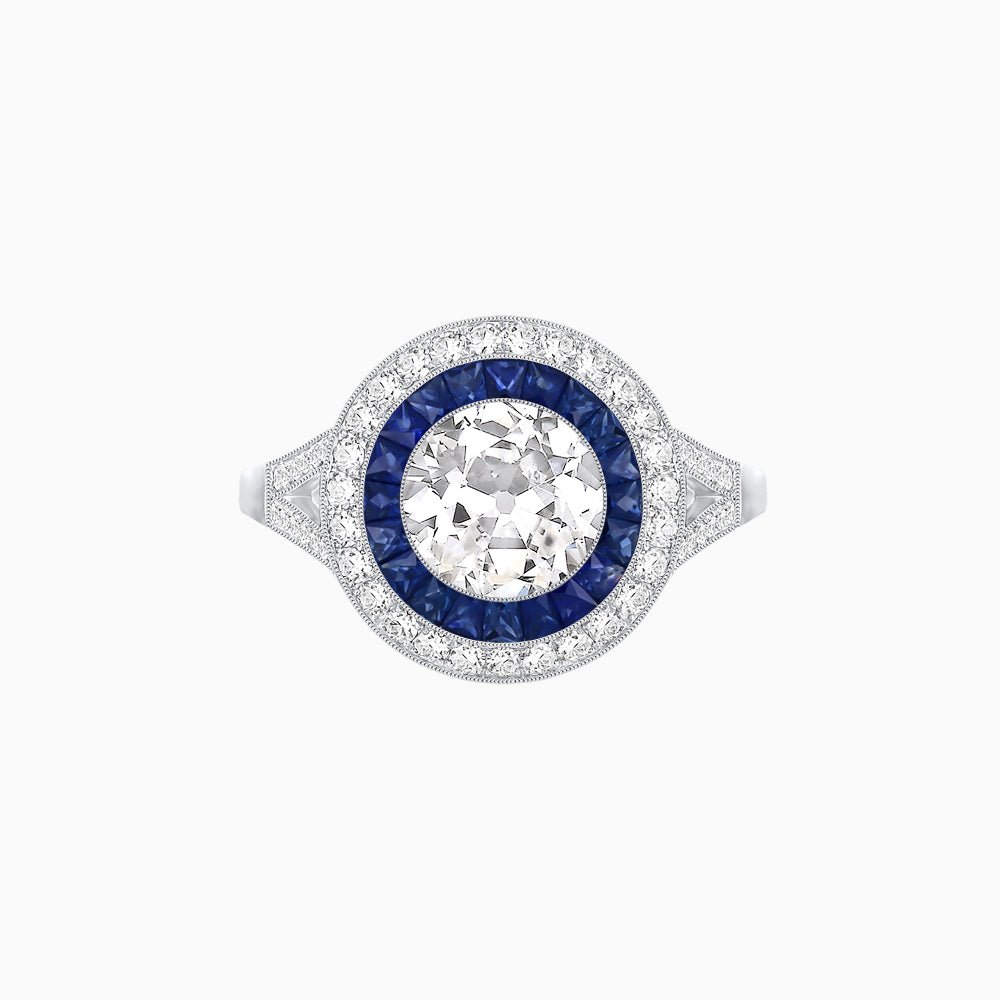 Round Cut Center Stone Double Halo Ring Mounting with French Cut Gemstone Accents - Shahin Jewelry