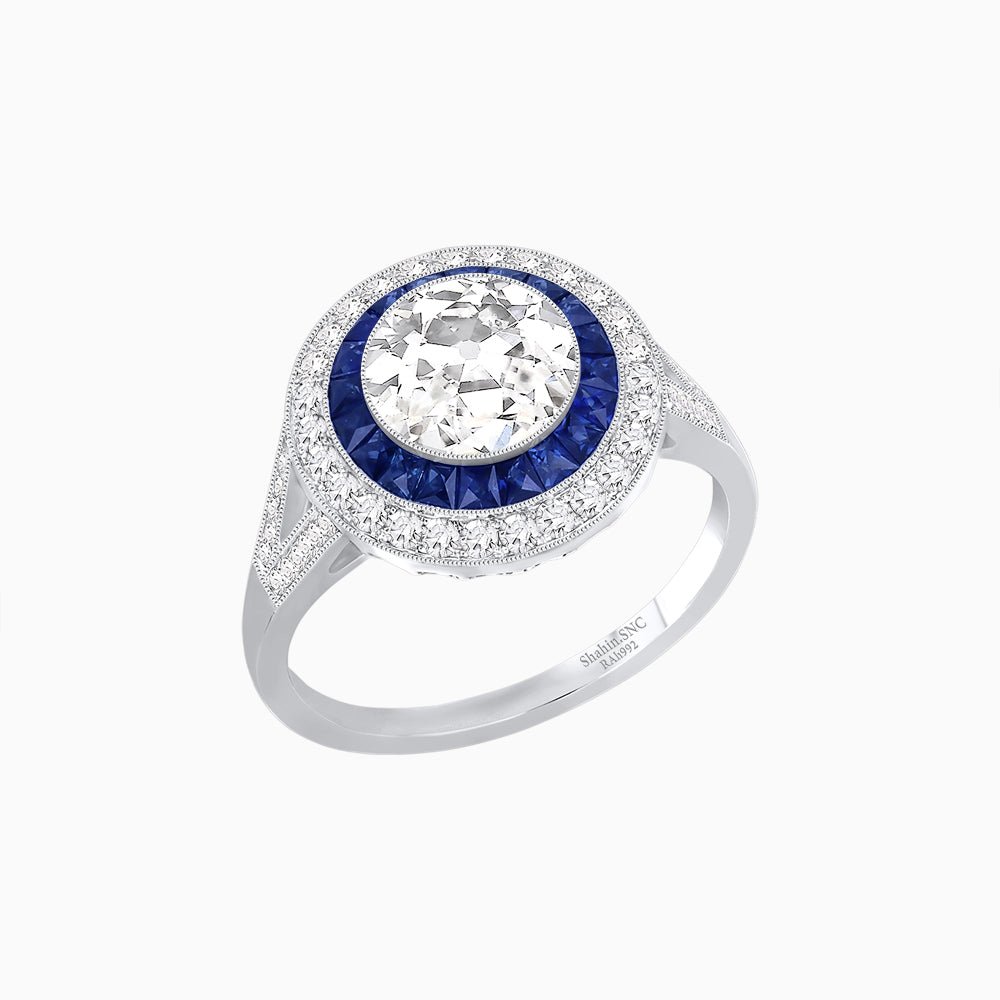 Round Cut Center Stone Double Halo Ring Mounting with French Cut Gemstone Accents - Shahin Jewelry