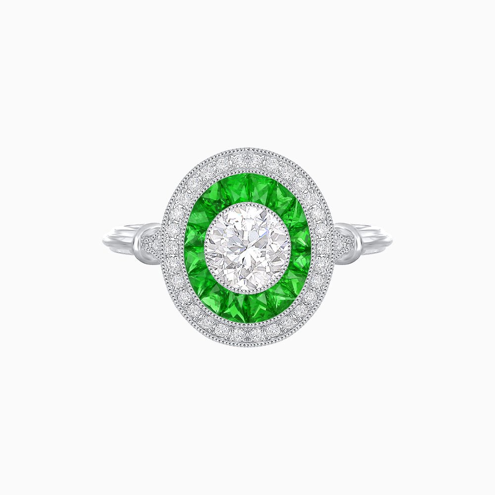 Round Cut Center Stone Double Halo Ring Mounting with French Cut Gemstone Accents - Shahin Jewelry