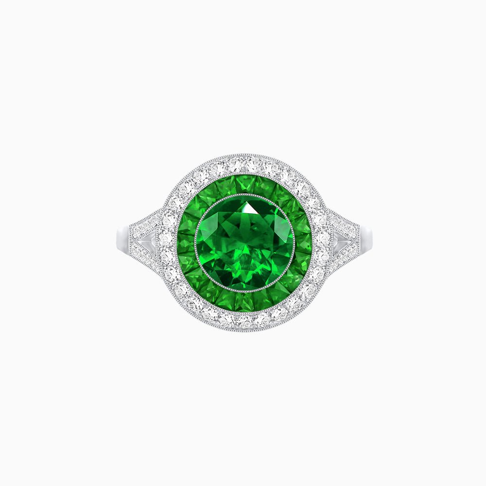 Round Cut Center Stone Double Halo Ring Mounting with French Cut Gemstone Accents - Shahin Jewelry