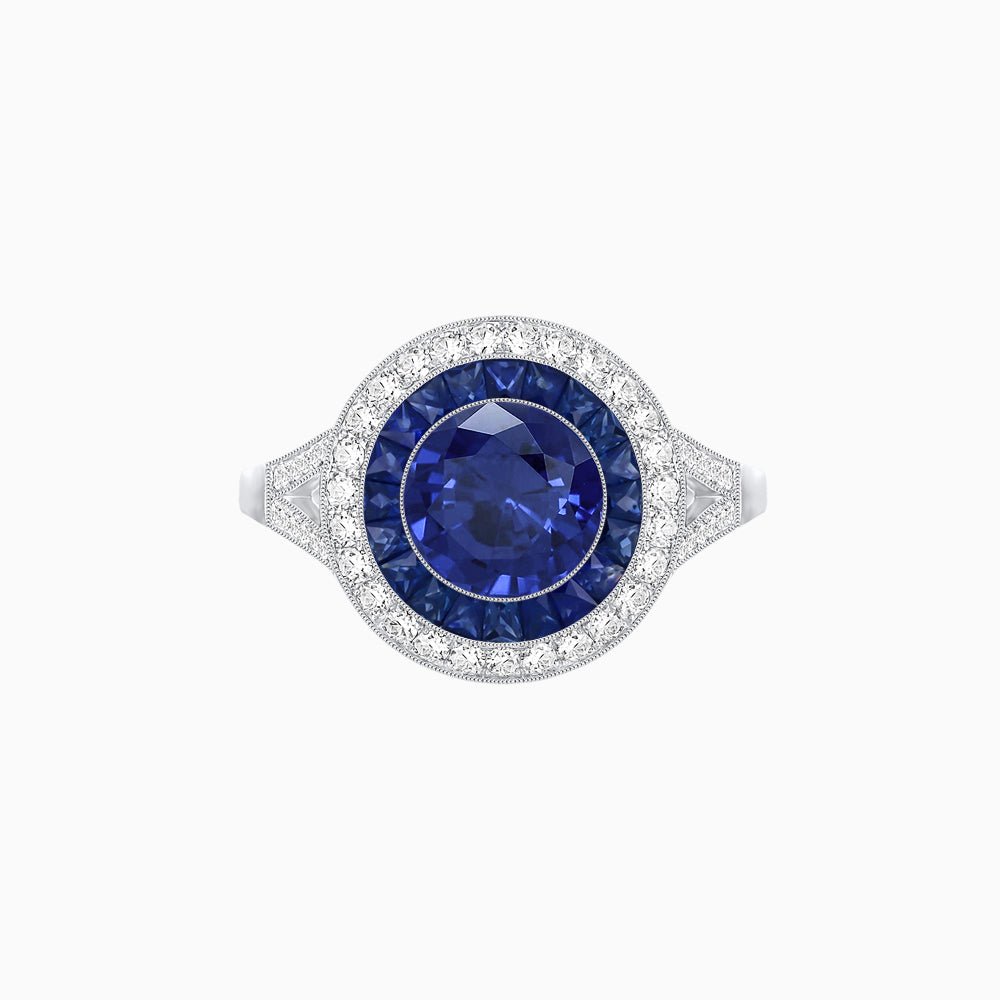 Round Cut Center Stone Double Halo Ring Mounting with French Cut Gemstone Accents - Shahin Jewelry