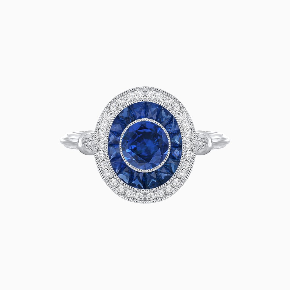 Round Cut Center Stone Double Halo Ring Mounting with French Cut Gemstone Accents - Shahin Jewelry