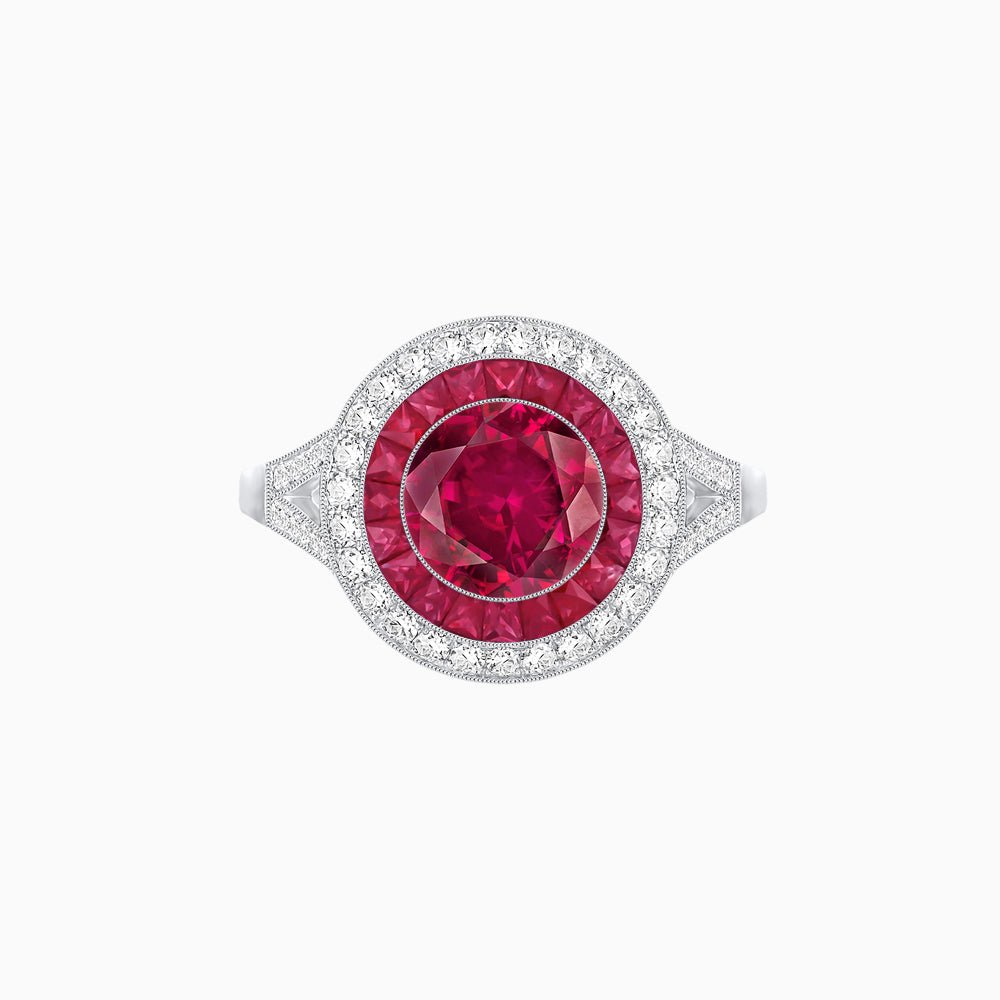 Round Cut Center Stone Double Halo Ring Mounting with French Cut Gemstone Accents - Shahin Jewelry