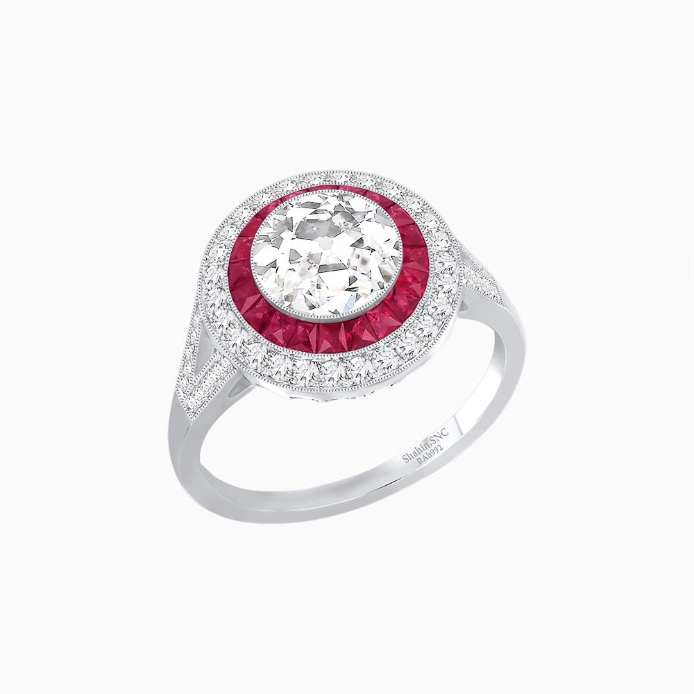Round Cut Center Stone Double Halo Ring Mounting with French Cut Gemstone Accents - Shahin Jewelry