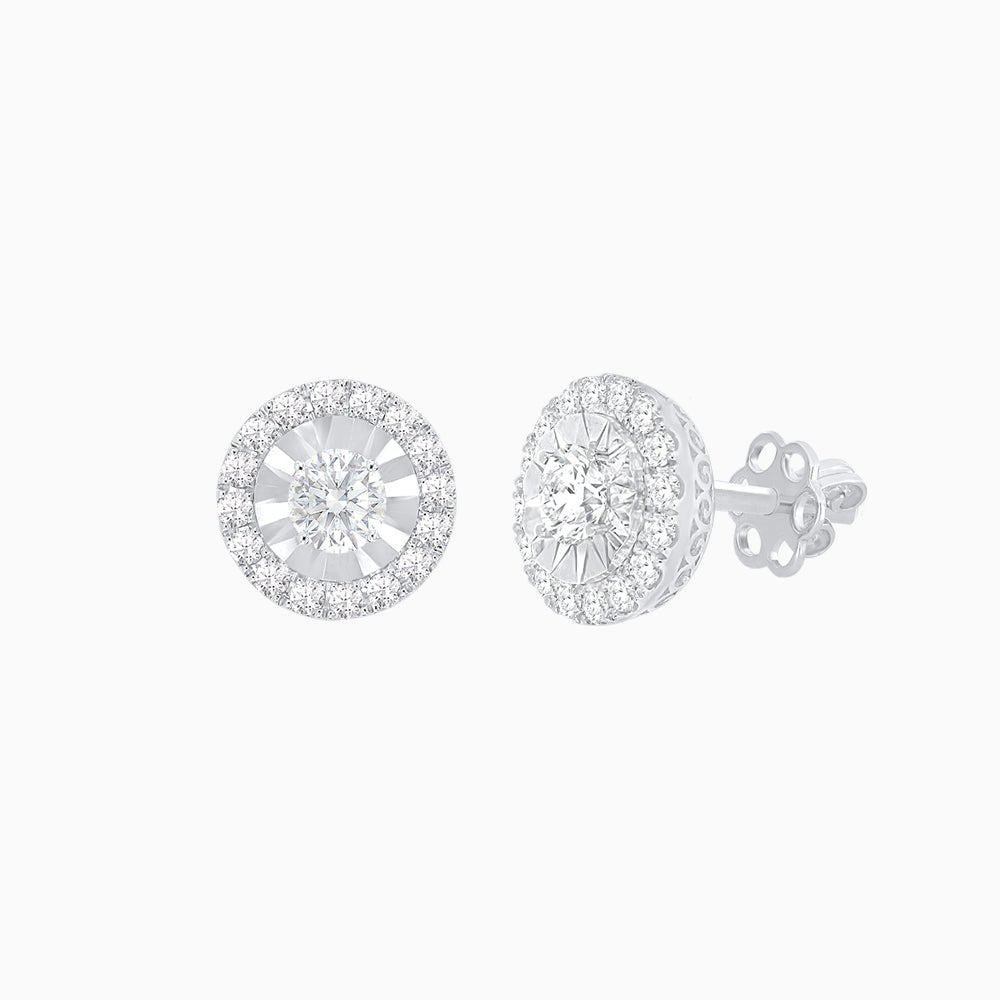 Round Diamond Halo Stud Earrings with Fluted Center Detail - Shahin Jewelry