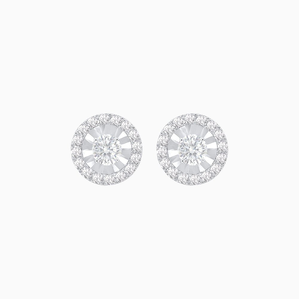 Round Diamond Halo Stud Earrings with Fluted Center Detail - Shahin Jewelry