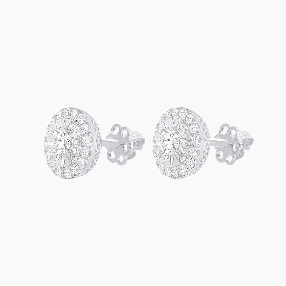 Round Diamond Halo Stud Earrings with Fluted Center Detail - Shahin Jewelry