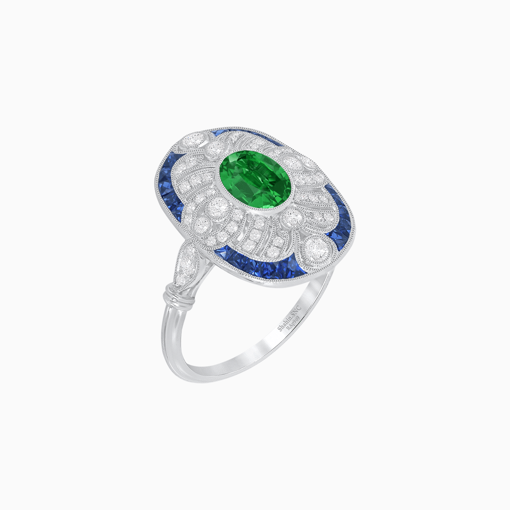 Scarab Vintage Art Deco Style Cocktail Ring with Diamond and Gemstone - Shahin Jewelry