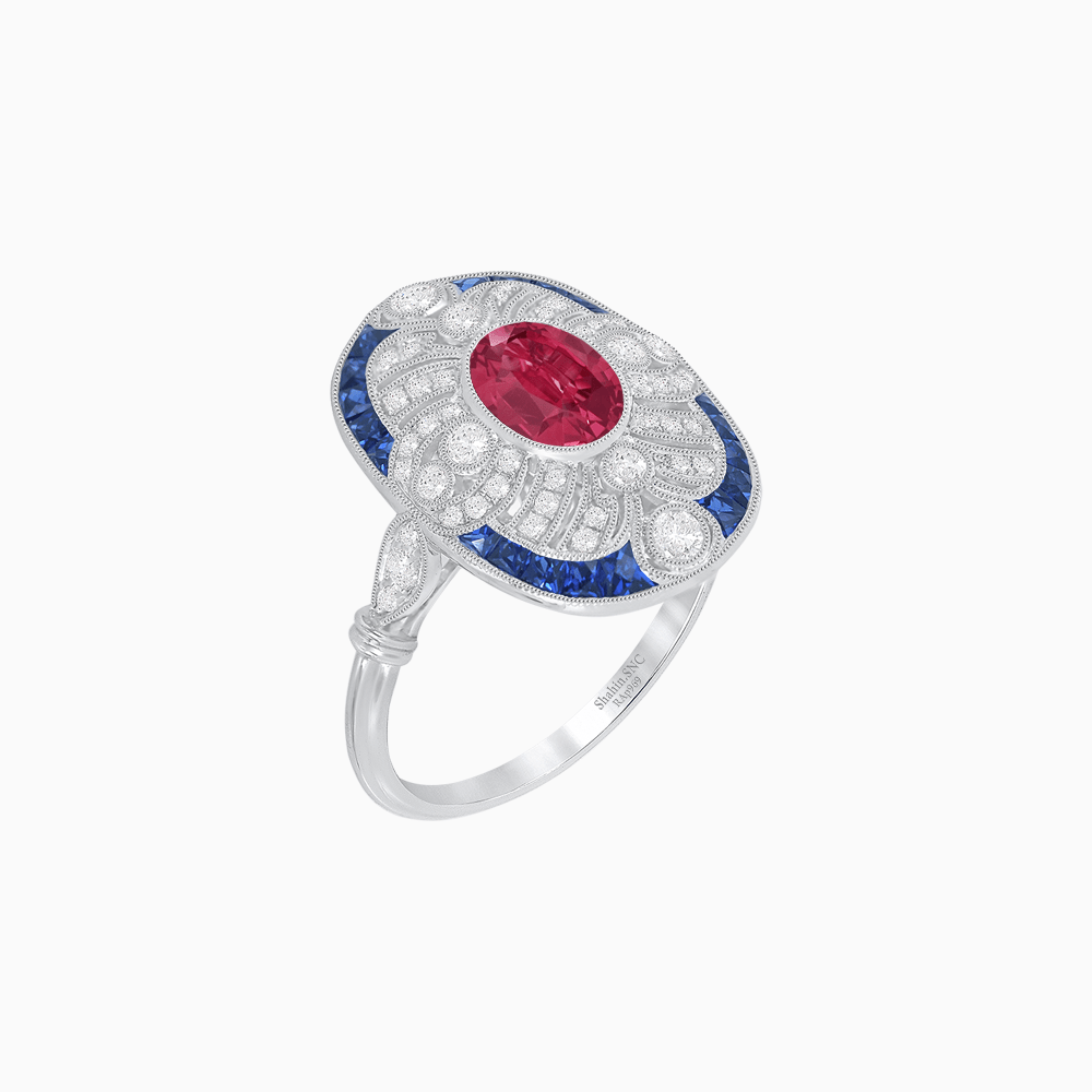 Scarab Vintage Art Deco Style Cocktail Ring with Diamond and Gemstone - Shahin Jewelry