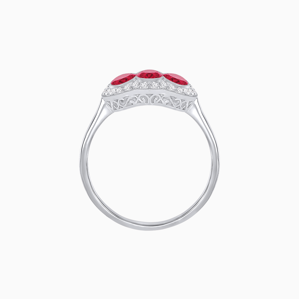 Three-Stone Oval Gemstone Ring with Diamond Halos - Shahin Jewelry