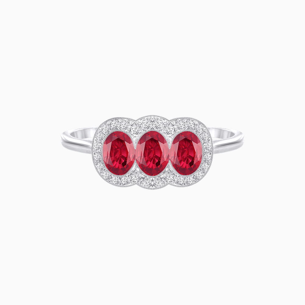 Three-Stone Oval Gemstone Ring with Diamond Halos - Shahin Jewelry