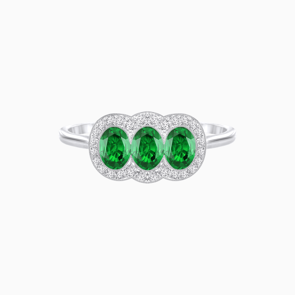 Three-Stone Oval Gemstone Ring with Diamond Halos - Shahin Jewelry