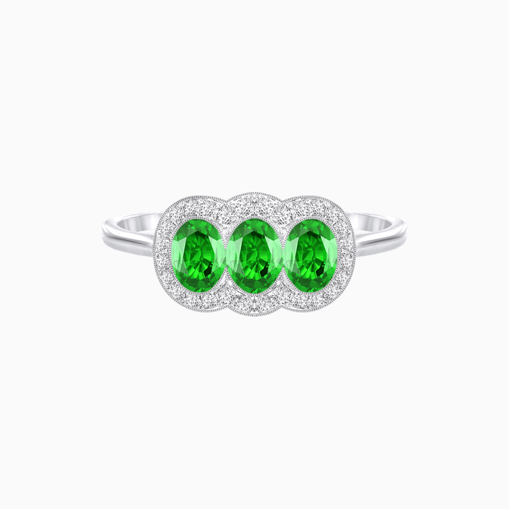 Three-Stone Oval Gemstone Ring with Diamond Halos - Shahin Jewelry
