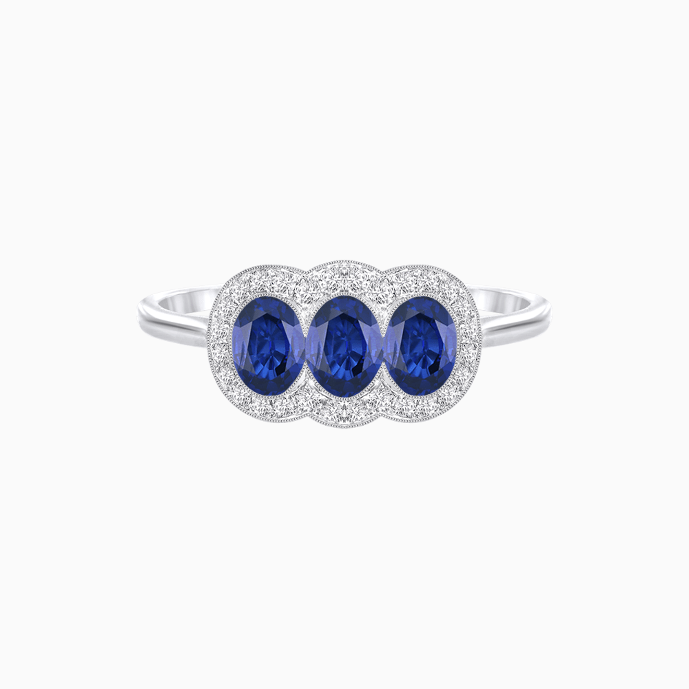 Three-Stone Oval Gemstone Ring with Diamond Halos - Shahin Jewelry