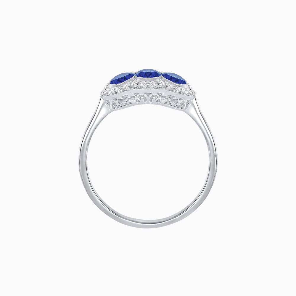 Three-Stone Oval Gemstone Ring with Diamond Halos - Shahin Jewelry