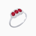 Load image into Gallery viewer, Three-Stone Oval Gemstone Ring with Diamond Halos - Shahin Jewelry