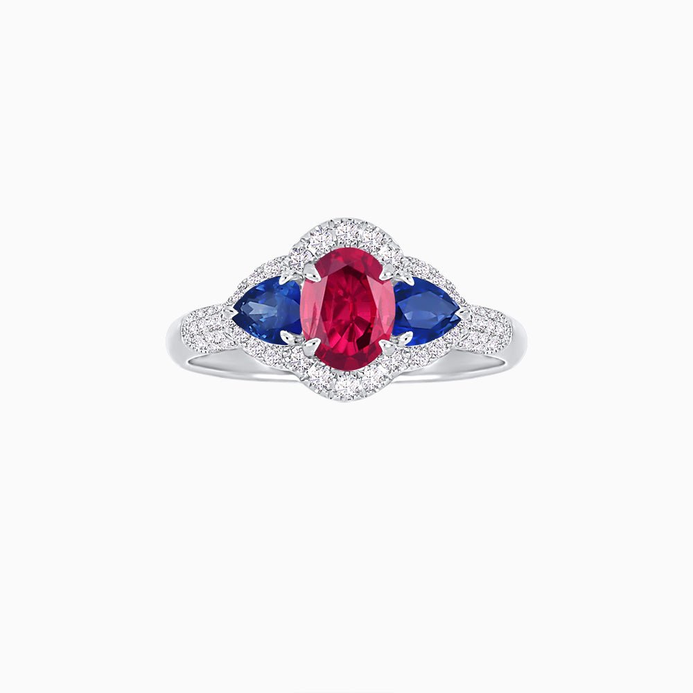 Three-Stone Oval Ring with Pear Shape Side Stones and Diamond Halo - Shahin Jewelry