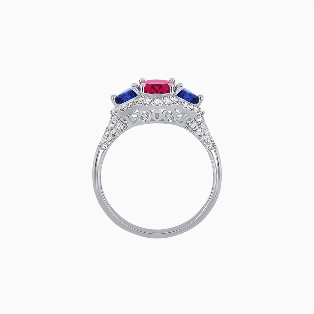 Three-Stone Oval Ring with Pear Shape Side Stones and Diamond Halo - Shahin Jewelry