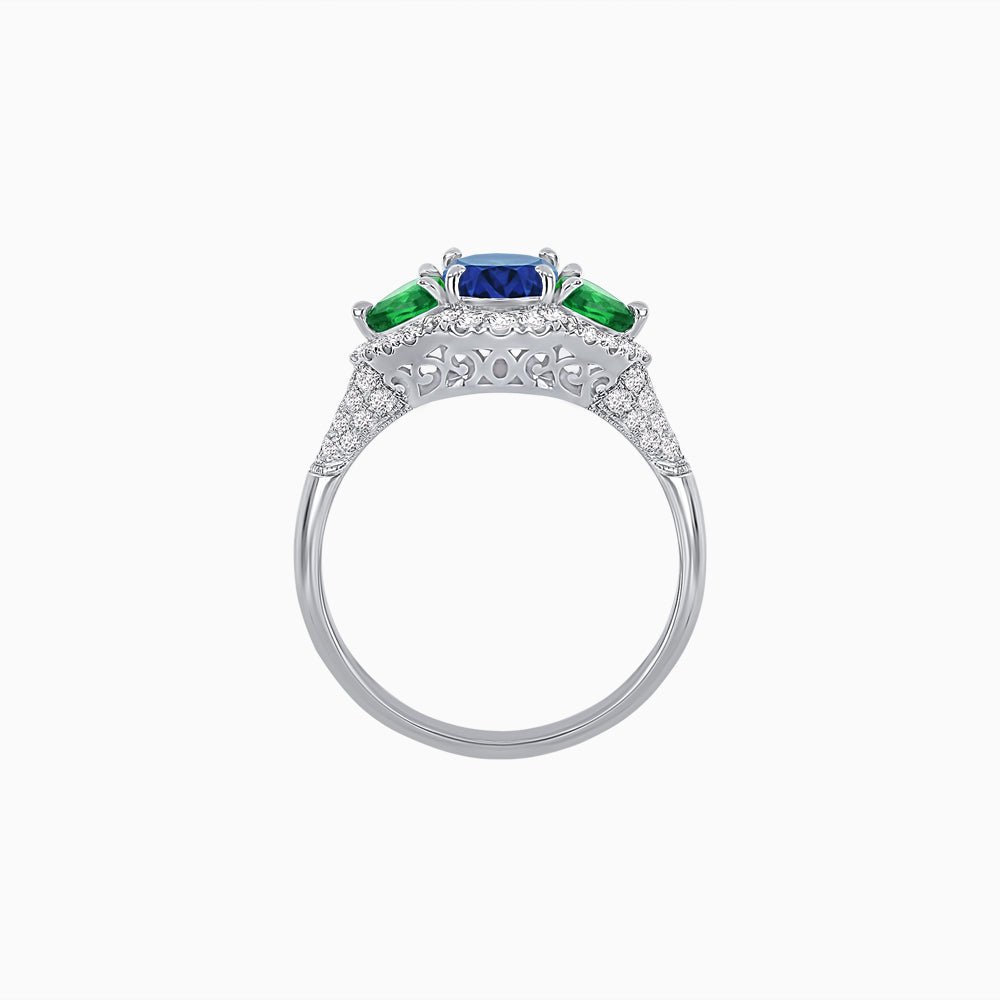 Three-Stone Oval Ring with Pear Shape Side Stones and Diamond Halo - Shahin Jewelry