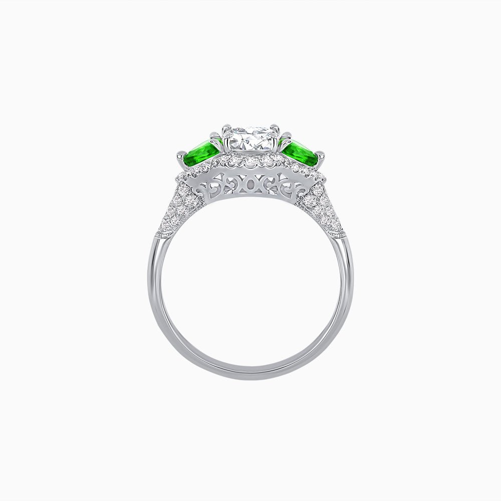 Three-Stone Oval Ring with Pear Shape Side Stones and Diamond Halo - Shahin Jewelry