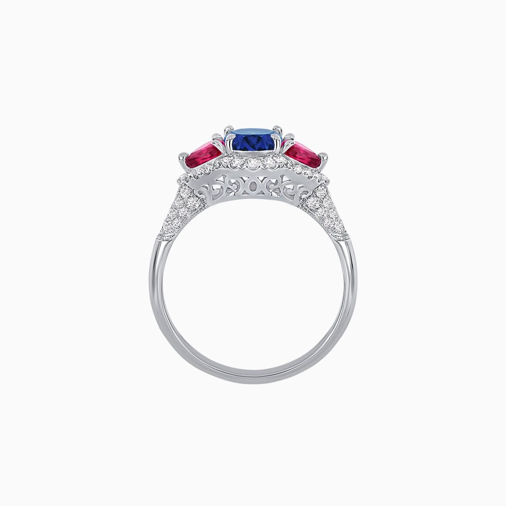 Three-Stone Oval Ring with Pear Shape Side Stones and Diamond Halo - Shahin Jewelry