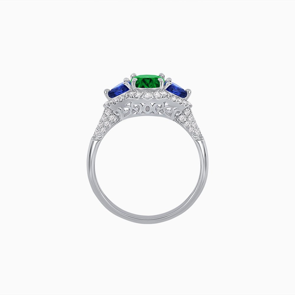 Three-Stone Oval Ring with Pear Shape Side Stones and Diamond Halo - Shahin Jewelry