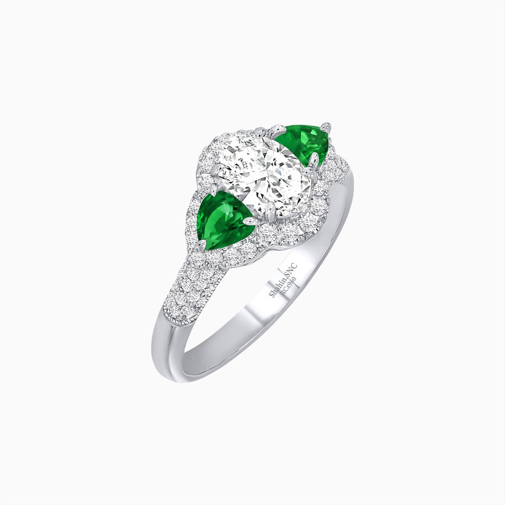 Three-Stone Oval Ring with Pear Shape Side Stones and Diamond Halo - Shahin Jewelry
