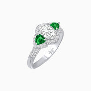 Three-Stone Oval Ring with Pear Shape Side Stones and Diamond Halo - Shahin Jewelry