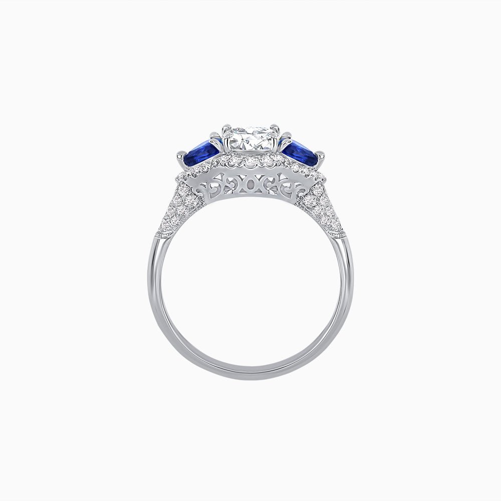 Three-Stone Oval Ring with Pear Shape Side Stones and Diamond Halo - Shahin Jewelry